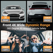 4 Channel 360° Dash Cam Front and Rear Inside, 64GB Card Included | 4K+1080P*3 FHD Car Camera, 5GHz WiFi/App Control 8 IR Lamps Night Vision 24H Parking Mode G-Sensor Loop Recording (Gunmetal)