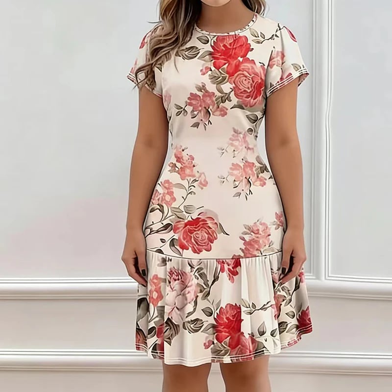 Women's Elegant Floral Print Ruffled Hem Dress