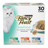 Purina Fancy Feast Seafood Classic Pate Variety Pack, 3 oz Cans, 30-Pack | Grain free wet cat food made with no artificial colors or preservatives, 100 percent complete and balanced