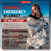 Emergency Blanket Mylar Thermal Space Survival Gear & Supplies 4-Pack Foil | Cold Weather Power Outage Camping Car Winter Storm Heat Reflective Hiking Backpacking Essentials First Aid Marathon Prepper