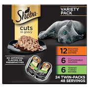 Sheba Perfect Portions Cuts Wet Cat Food, Multipack, 2.6 oz, 24 ct | Chicken, Salmon & Turkey cuts in gravy, grain-free, protein-rich, no corn/soy, essential vitamins & minerals, twin-pack trays