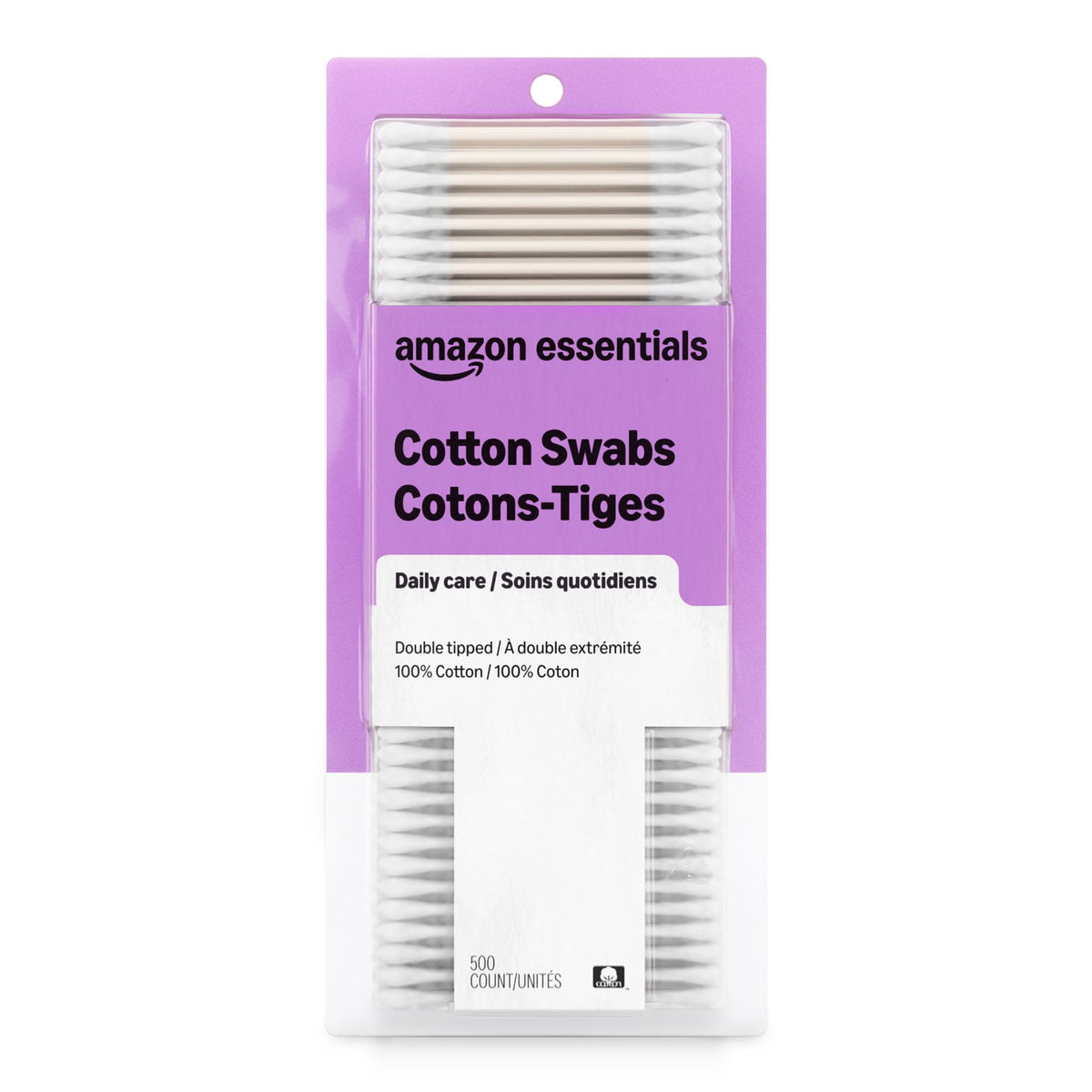 Amazon Basics Double-Tipped Cotton Swabs for Personal Hygiene and Baby Care, Cotton, Versatile, 500 Count