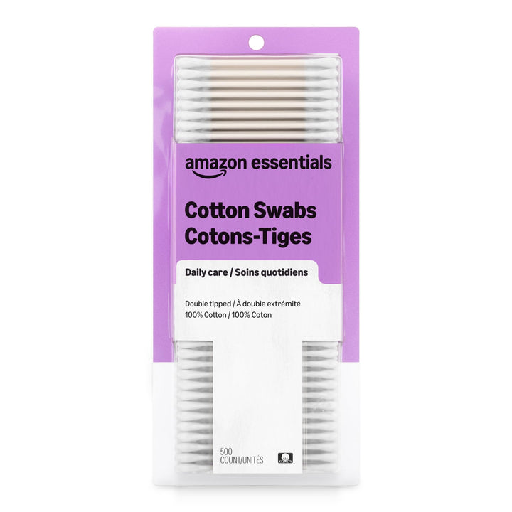 Amazon Basics Double-Tipped Cotton Swabs for Personal Hygiene and Baby Care, Cotton, Versatile, 500 Count