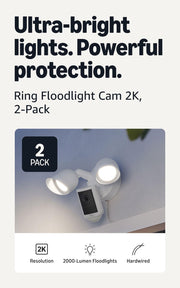 Ring Floodlight Cam 2K (newest model), Wired, Home or business security, Wide-Angle Retinal 2K Video, 6x Enhanced Zoom, Ultra-Bright Floodlights, 2-Pack, White