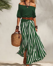 Vertical Striped Skirt Two-Piece Set