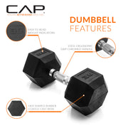 CAP Rubber Coated Dumbbell Weights, Free Weights for Home Gym Strength Training, Anti-Roll Hex Dumbbells with Black, Chrome & Comfort Grip Handles, Pairs & Sets