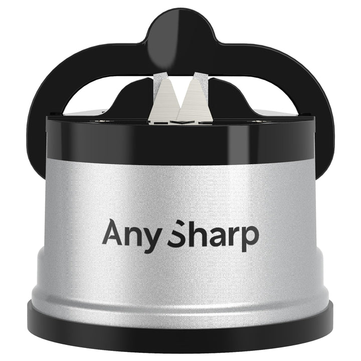 AnySharp Knife Sharpener, Hands-Free Safety, PowerGrip Suction, Silver | Safely Sharpens All Kitchen Knives, Ideal for Hardened Steel & Serrated, Compact, One Size