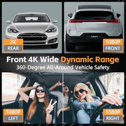 4 Channel 360° Dash Cam Front and Rear Inside, 64GB Card Included | 4K+1080P*3 FHD Car Camera, 5GHz WiFi/App Control 8 IR Lamps Night Vision 24H Parking Mode G-Sensor Loop Recording (Gunmetal)