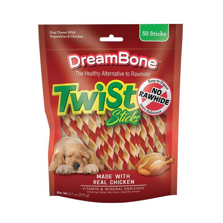 DreamBone Twist Sticks Rawhide-Free Dog Treats With Real Protein, 50 Count | Daily Chew, Digests Safely and Completely, Made With Real Chicken and Veggies, For Adult Dogs