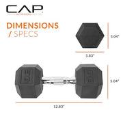 CAP Rubber Coated Dumbbell Weights, Free Weights for Home Gym Strength Training, Anti-Roll Hex Dumbbells with Black, Chrome & Comfort Grip Handles, Pairs & Sets