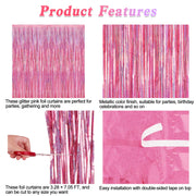 2 Pack Glitter Pink Backdrop, 3.28 FT x 7.05 FT Birthday Party Decorations, Laser Pink Fringe Curtains Foil Streamer Tinsel, Pink Curtains Photo Backdrop Happy Birthday Valentines Day Backdrop