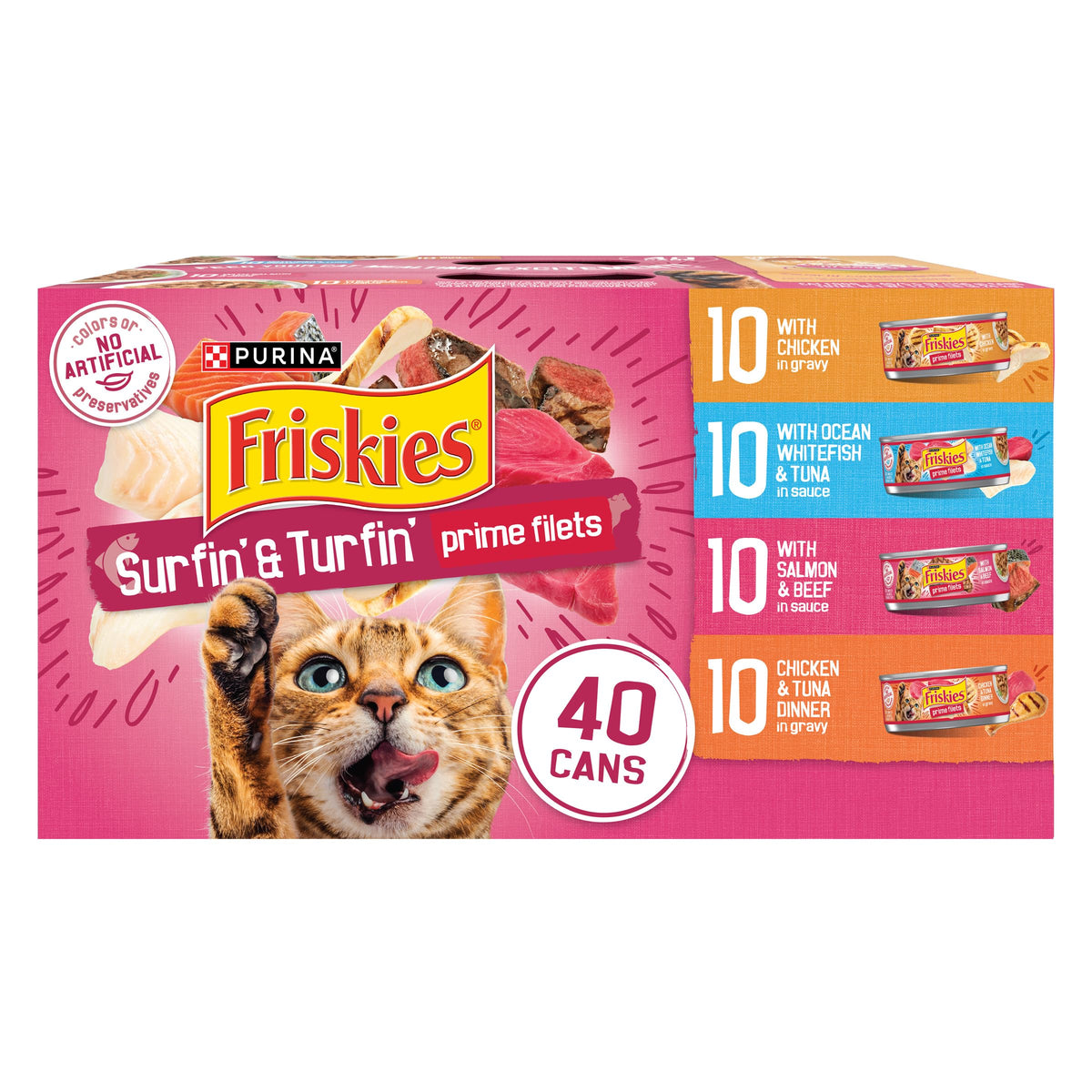 Purina Friskies Prime Filets Cat Food Variety Pack, 40 Pack 5.5 oz Cans | Surfin' and Turfin' wet cat food favorites in a savory gravy, made with real meat, poultry and seafood