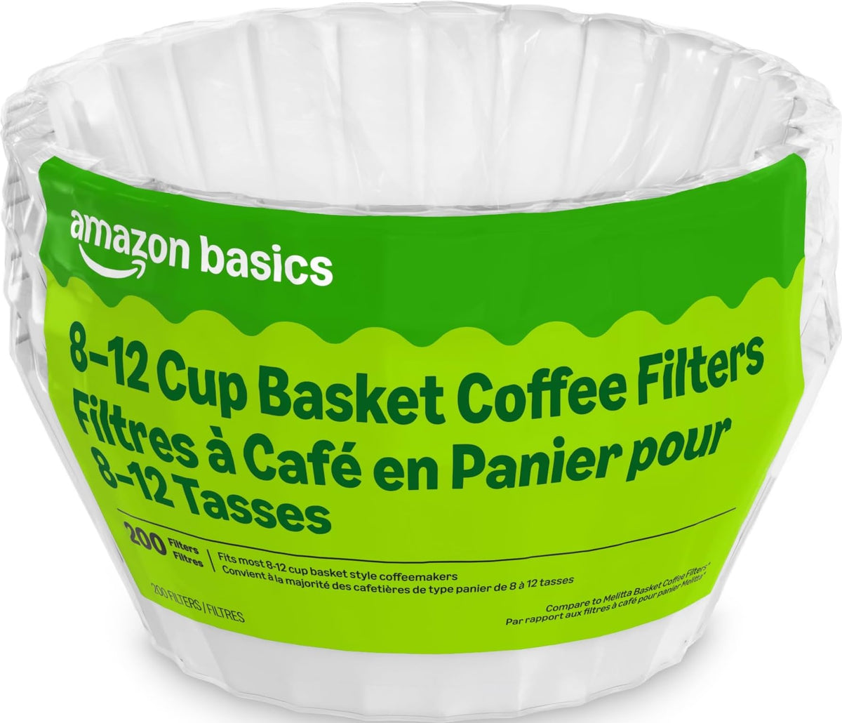 Amazon Basics Basket Coffee Filters for 8-12 Cup Coffee Makers, White, 200 Count, Packaging May Vary