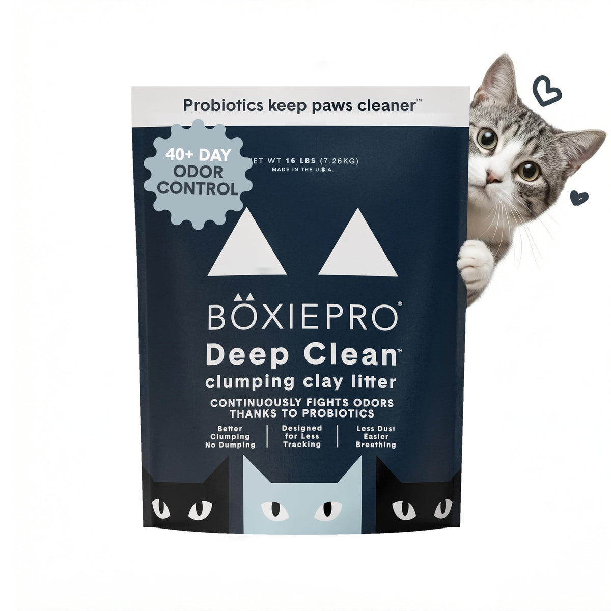 Boxie Probiotic Clumping Cat Litter 40+ Day Odor Control Dust Free 16 lb | Hard Flat Top clumps stay on top for fast scooping and less scrubbing; no added fragrance, fillers, or harsh chemicals