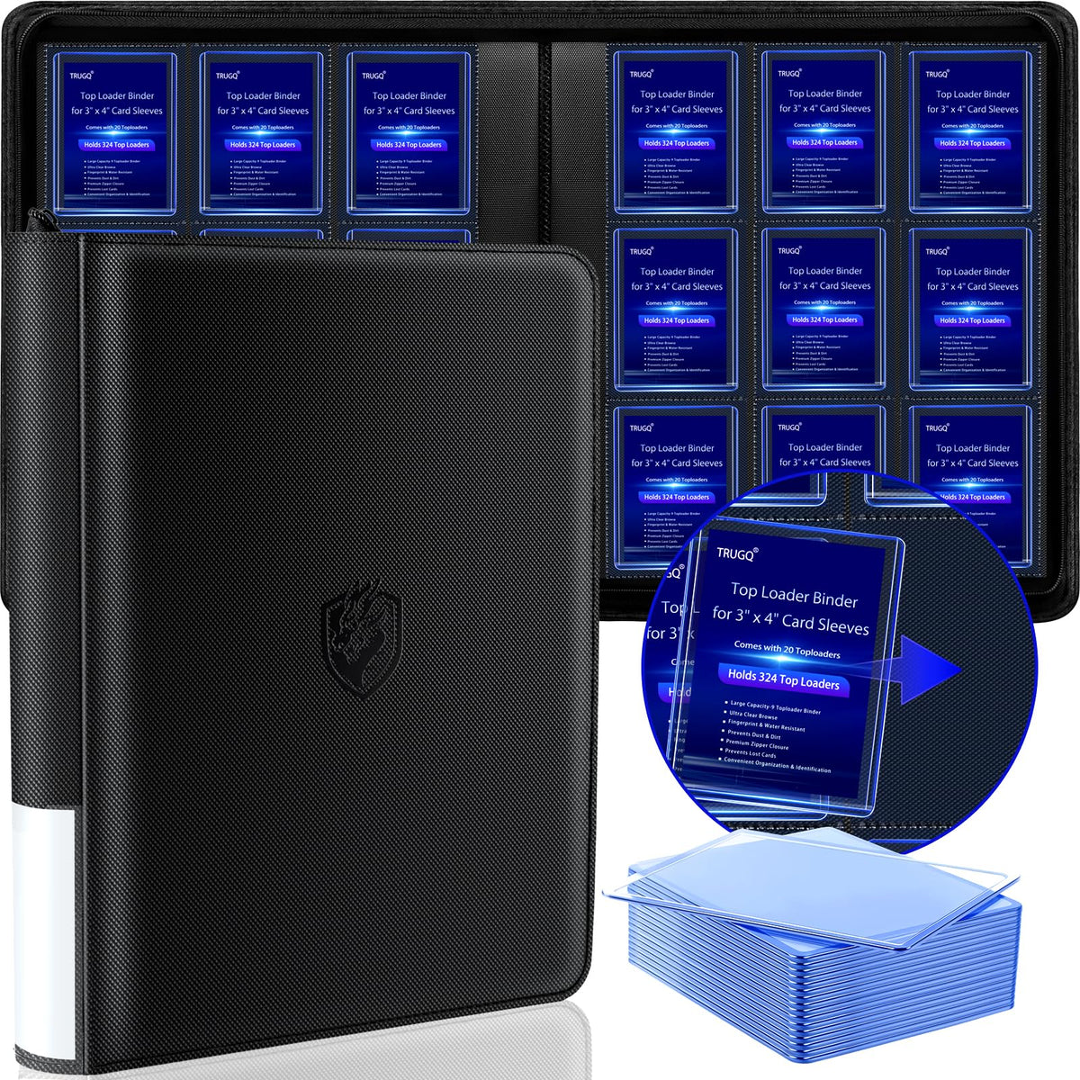 TRUGQ Toploader Binder Holds 324 Toploaders - 20 Toploaders | Waterproof PU Leather+Anti-Yellowing PP Inserts,Ridge Tab Sorting Portable top loader binder for cards For Sports/Game Cards