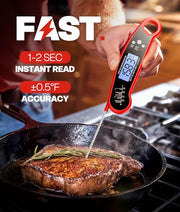 Meat Thermometer Digital, 1-2 Sec Instant Read, Food, Cooking, Grilling | Bright Backlit Display, Waterproof for Air Fryer, Smoker, Candy, Kitchen Gadgets, BBQ Essentials, Gift for Men Husband, Red