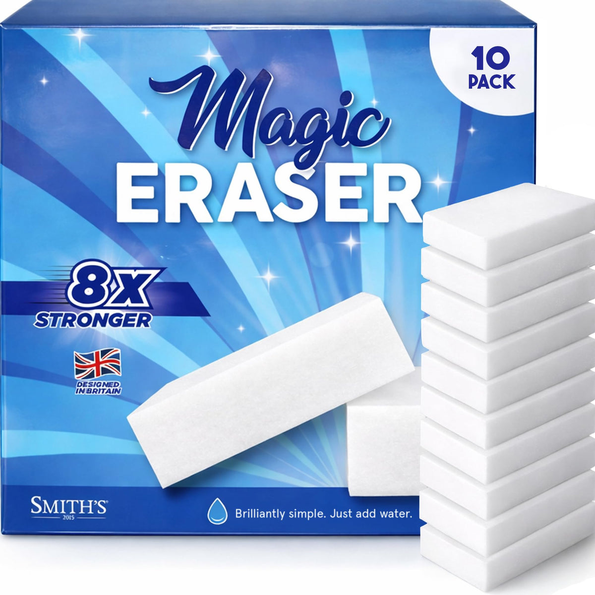 Magic Eraser Sponge for Walls by Smith’s® | 10 Pack | Melamine Sponge | 8x More Effective on Tough Marks | Trainers & Shoes | Trusted by Professional Cleaners | Just Add Water | Rinse & Reuse