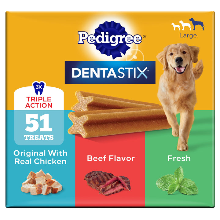 Pedigree Dentastix Large Breed Dental Dog Treats, Variety, 51 Count | Original Chicken, Beef, and Fresh flavors, reduces plaque and tartar buildup, cleans teeth, freshens breath, for dogs 40+ lbs