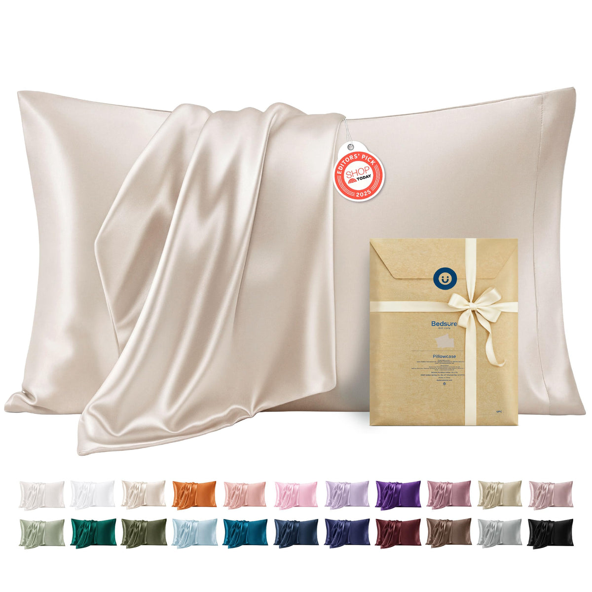 Bedsure Satin Pillowcases Queen Set of 2, Similar to Silk Pillow Case, 100% Polyester, Reduces Hair Frizz & Skin Friction, Decorative Covers, Gifts for Women, Envelope Closure, 20" x 30", Beige