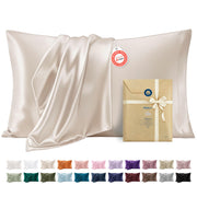 Bedsure Satin Pillowcases Queen Set of 2, Similar to Silk Pillow Case, 100% Polyester, Reduces Hair Frizz & Skin Friction, Decorative Covers, Gifts for Women, Envelope Closure, 20" x 30", Beige