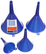 Draper 4 Piece Plastic Funnel Set | 50mm | 75mm | 100mm | 115mm | Filling Bottles and Containers Funnels | Multifunction Funnel Kit | 43853, Blue