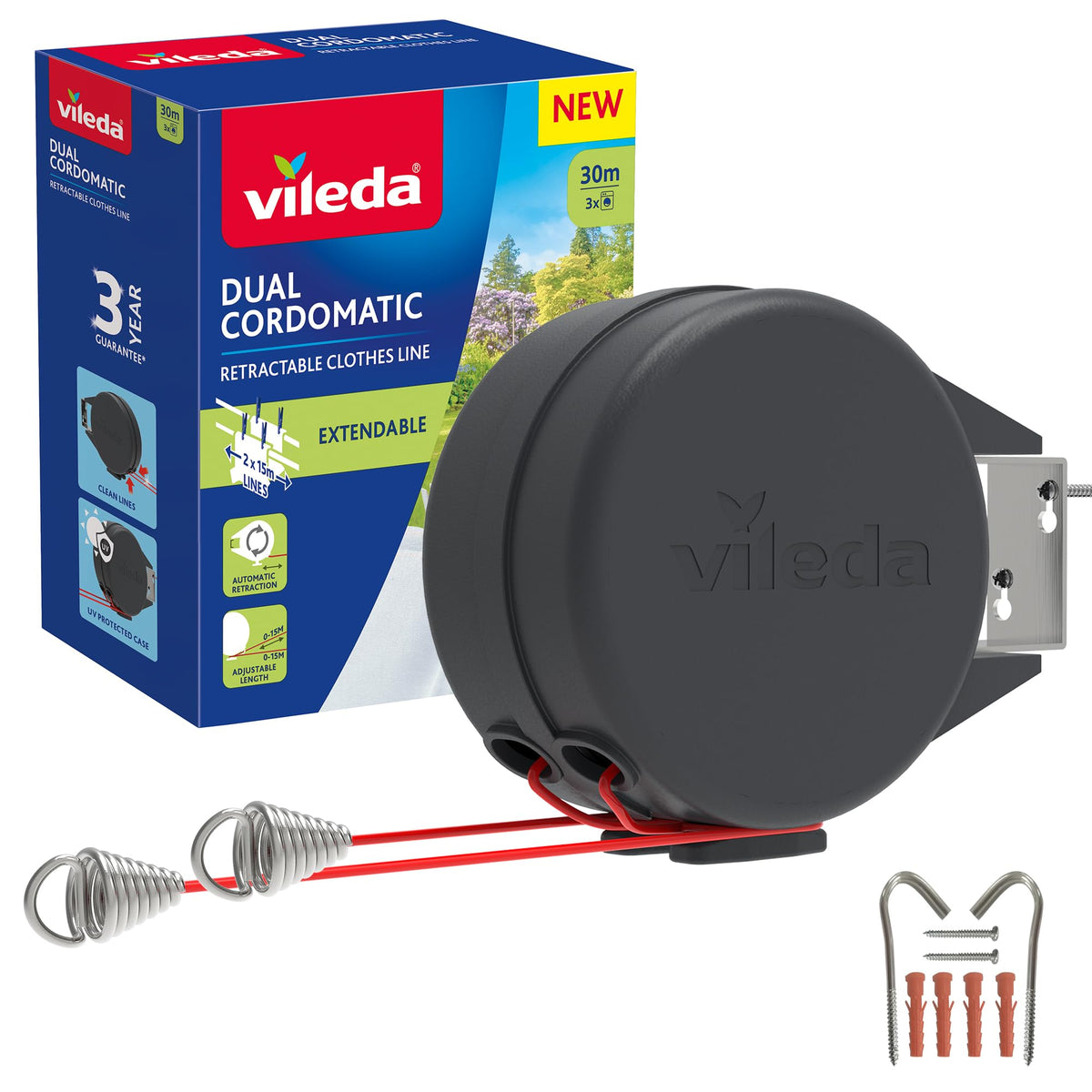 Vileda Dual Cordomatic Retractable Washing Line, 30m (2 x 15m Clothes Line) | Holds up to 30kg, Extendable Clothes Line with Automatic Retraction, UV‑Protected Case, Wall Mounted for Indoor & Outdoor Use