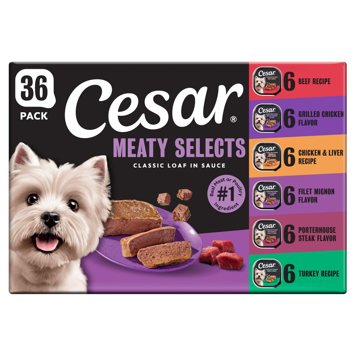 Cesar Classic Loaf in Sauce Wet Dog Food, Meaty Selects, 3.5 oz, 36 Count | Real meat #1 ingredient, no fillers or artificial flavors, formulated without grains, easy to digest, easy peel trays