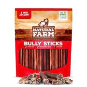 Natural Farm Odor-Free Bully Sticks for All Breeds, 6 Inch, 25 Count | Grass-Fed, Non-GMO, Grain-Free 100% Beef Pizzle. Single-Ingredient, Rawhide-Free, Fully Digestible, Long-Lasting