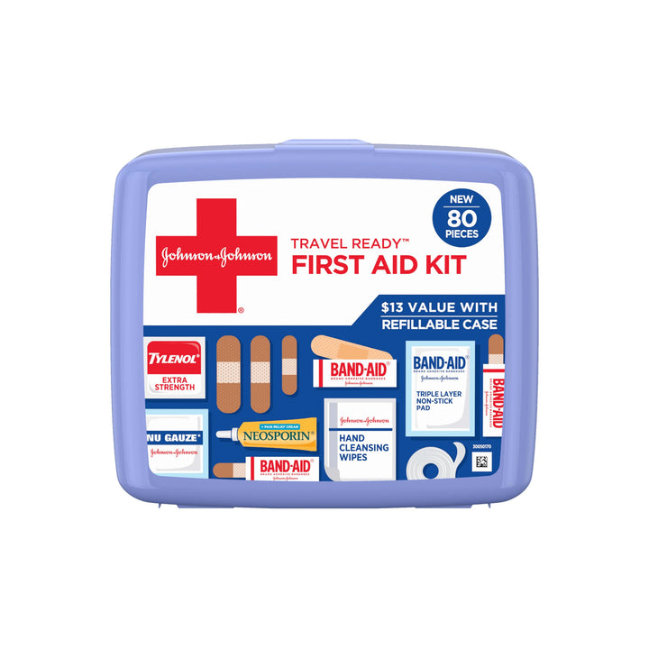 BAND-AID Brand Travel Ready Portable First Aid Kit, 80 Piece | Emergency Essentials for Minor Wound Care, Bandages, Neosporin & Tylenol, Perfect for Home, Car, Camping, Outdoors & Travel