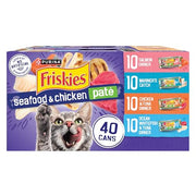 Purina Friskies Pate Wet Cat Food Variety, Seafood & Chicken, (40) 5.5 oz | Moist cat food with real seafood or chicken, smooth easy-to-chew pate texture, 40-count variety pack to stock up