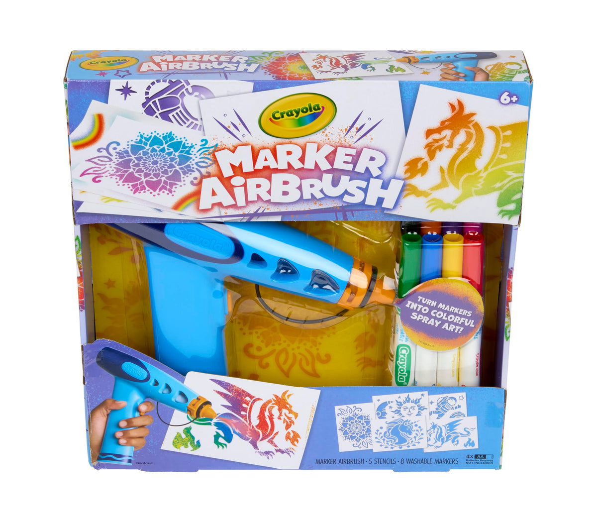 Crayola Marker Airbrush Spray Art Kit, 8 Washable Markers, 5 Stencils | Arts & Crafts Toys for Kids, Birthday, Holiday Gifts for Girls & Boys 6+, Battery-Powered Sprayer Kids Activities