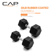 CAP Rubber Coated Dumbbell Weights, Free Weights for Home Gym Strength Training, Anti-Roll Hex Dumbbells with Black, Chrome & Comfort Grip Handles, Pairs & Sets