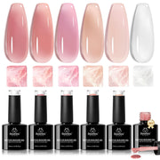 Beetles Builder Gel Set, 6 Colors Jelly Clear Pink Nude Building Gel, 8 in 1 for Instant Apex Thickening, Strengthening Weak Nails & Extension, Beginners DIY Salon at Home Gifts, UV LED Lamp Needed