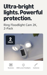 Ring Floodlight Cam 2K (newest model), Wired, Home or business security, Wide-Angle Retinal 2K Video, 6x Enhanced Zoom, Ultra-Bright Floodlights, 2-Pack, White