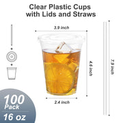 Dealusy 100 Pack - 16 oz Clear Plastic Cups with Lids and Straws | Sturdy & Food Safe Iced Coffee Cups with lids, Disposable Plastic Smoothie Cups for Cold Drinks