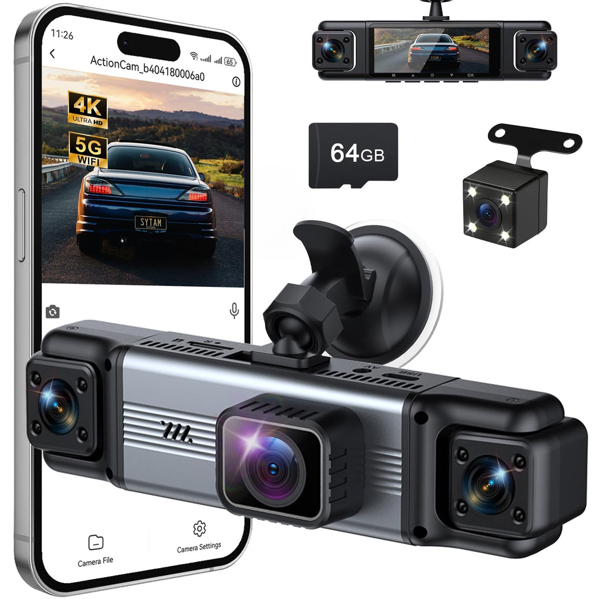 4 Channel 360° Dash Cam Front and Rear Inside, 64GB Card Included | 4K+1080P*3 FHD Car Camera, 5GHz WiFi/App Control 8 IR Lamps Night Vision 24H Parking Mode G-Sensor Loop Recording (Gunmetal)