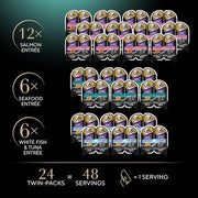 Sheba Perfect Portions Pate Wet Cat Food, Seafood Variety, 2.6 oz, 24 ct | Salmon, Seafood & Whitefish and Tuna, grain-free, protein-rich, no fillers/artificial flavors, 48 servings, twin-pack trays