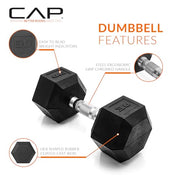 CAP Rubber Coated Dumbbell Weights, Free Weights for Home Gym Strength Training, Anti-Roll Hex Dumbbells with Black, Chrome & Comfort Grip Handles, Pairs & Sets