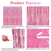 2 Pack Glitter Pink Backdrop, 3.28 FT x 7.05 FT Birthday Party Decorations, Laser Pink Fringe Curtains Foil Streamer Tinsel, Pink Curtains Photo Backdrop Happy Birthday Valentines Day Backdrop