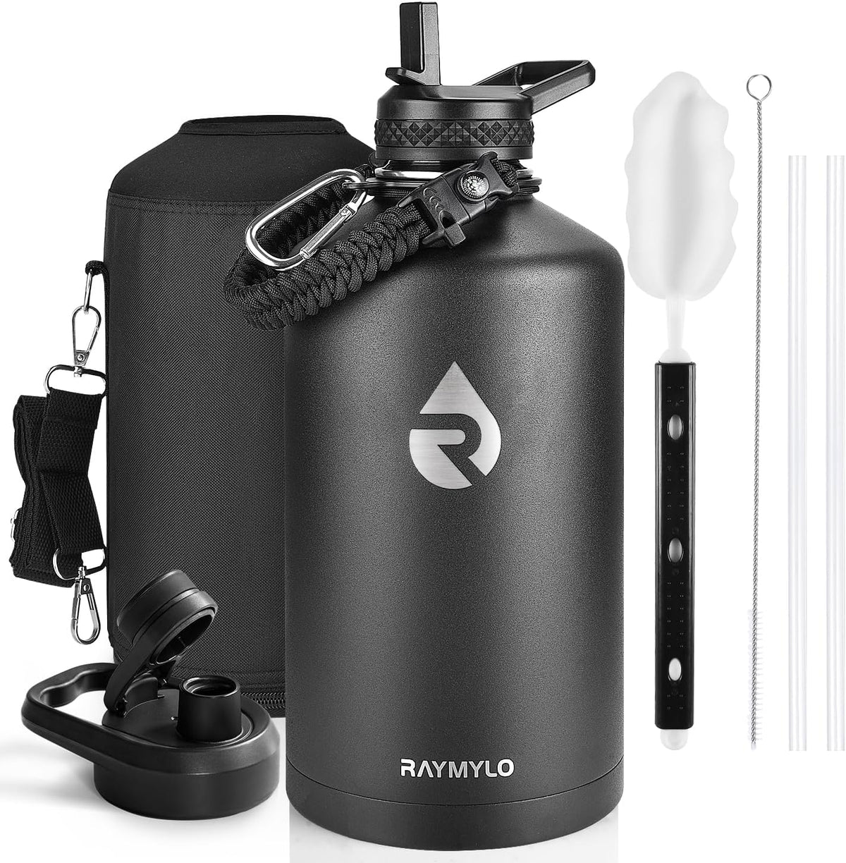 RAYMYLO One Gallon Water Bottle Insulated 128 oz, Stainless Steel | Triple Walled Vacuum (Cold for 48 Hrs), Leak Proof & Non-BPA, Large Water Flask Jug with Paracord Handle & Straw Spout Lids