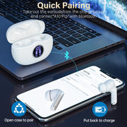 Fhumsh Wireless Earbuds, Bluetooth 5.3 Headphones HiFi Stereo 50H Playback LED Digital Display Ear Buds with ENC Noise Canceling Headset, IPX7 Waterproof Earphones for Gym/Running/Work（White）