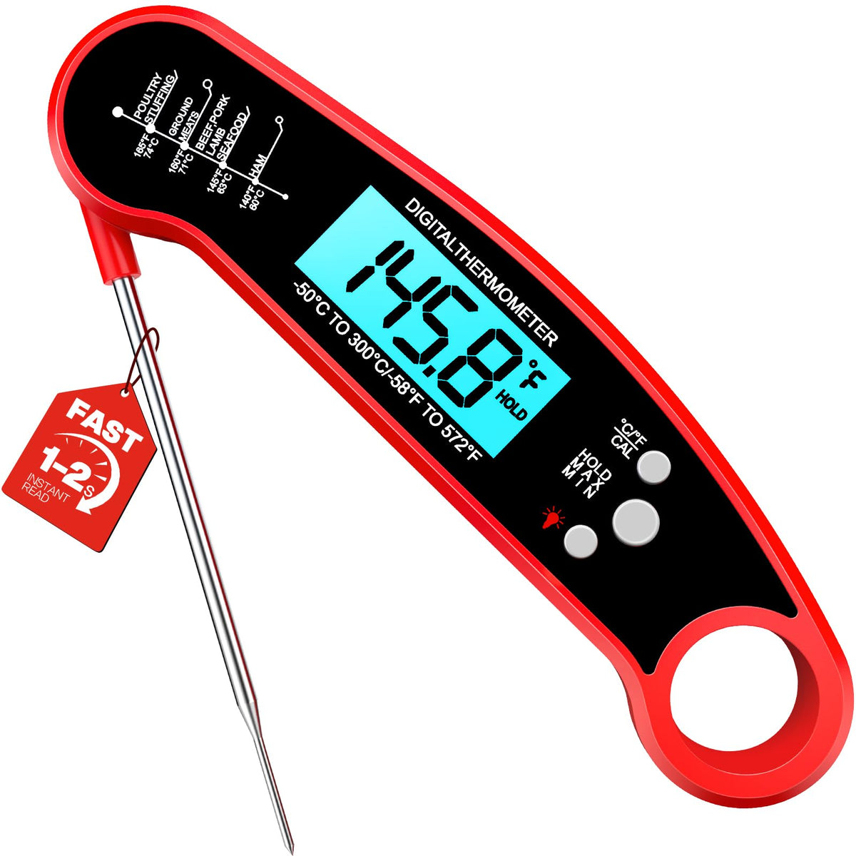 Meat Thermometer Digital, 1-2 Sec Instant Read, Food, Cooking, Grilling | Bright Backlit Display, Waterproof for Air Fryer, Smoker, Candy, Kitchen Gadgets, BBQ Essentials, Gift for Men Husband, Red