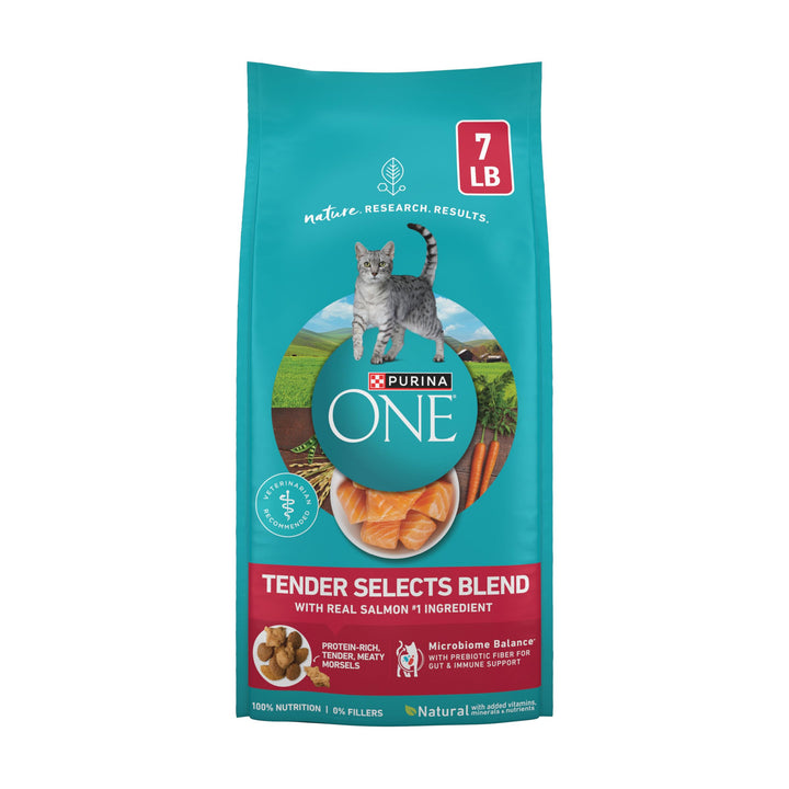 Purina ONE Tender Selects Dry Cat Food, Salmon, 7 lb Bag | Real salmon is the #1 ingredient made with carrots, peas, vitamins A and E for bright eyes, strong muscles and digestion
