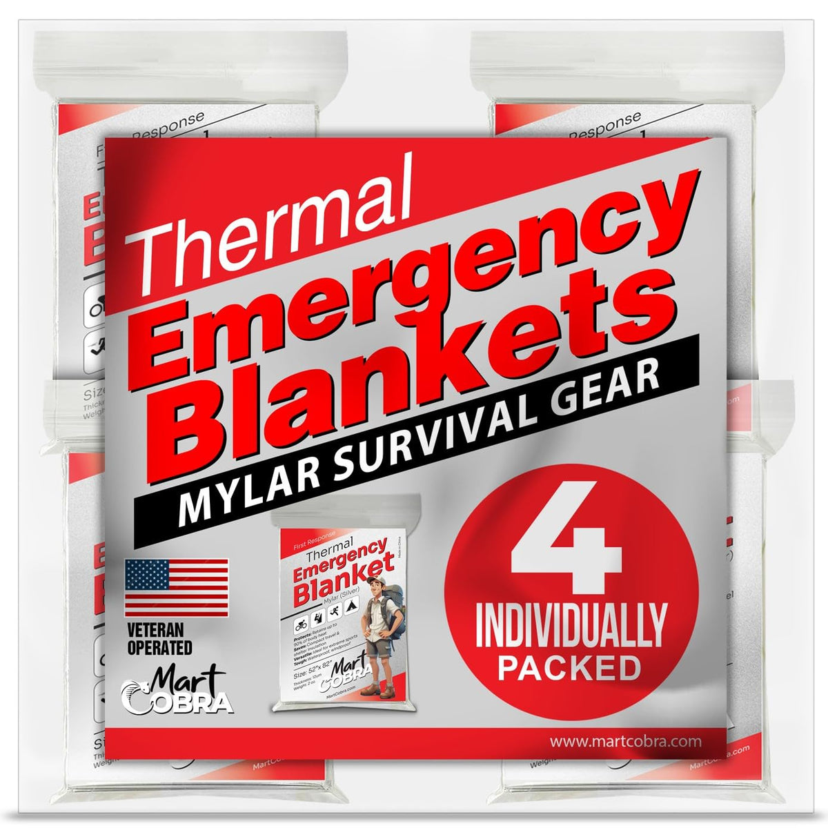Emergency Blanket Mylar Thermal Space Survival Gear & Supplies 4-Pack Foil | Cold Weather Power Outage Camping Car Winter Storm Heat Reflective Hiking Backpacking Essentials First Aid Marathon Prepper