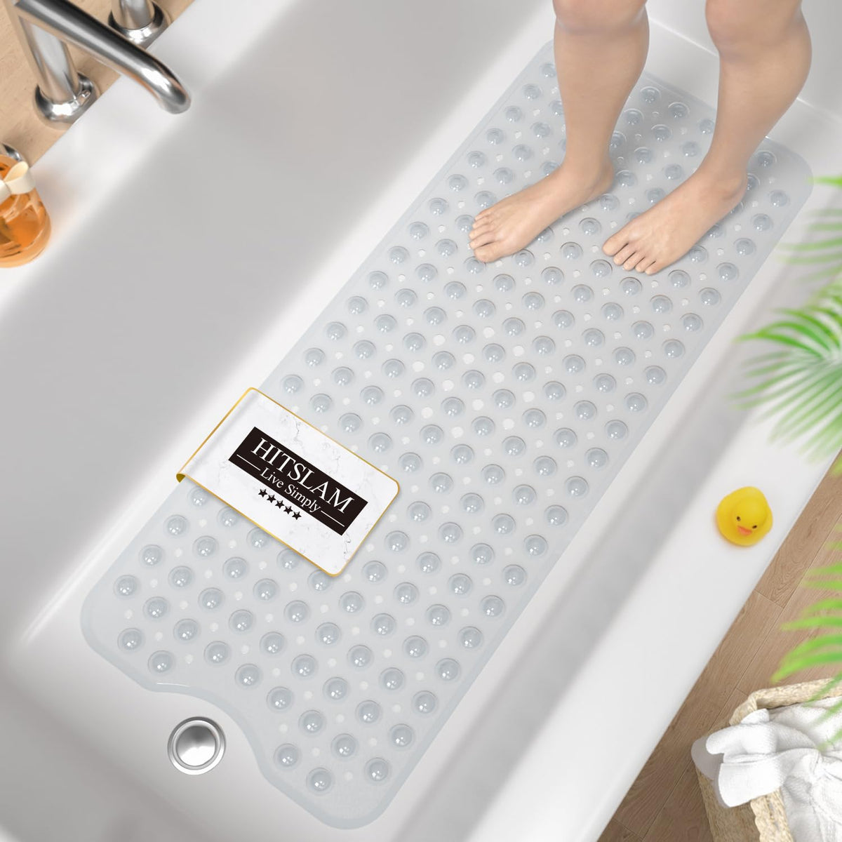 HITSLAM Non Slip Bath Mat for Tub, 101x40cm Extra Long Clear Shower Mat | Anti Mould, Machine Washable PVC Bathroom Bathtub Mat with Strong Suction Cups & Drain Holes, Soft on Feet